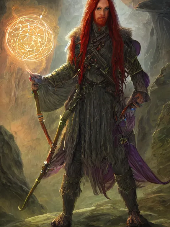 Prompt: a dnd holomancer, male, technological longcoat, long red hair, white skin, holographic creatures, lab background, high fantasy, science fiction, highly detailed, sharp focus, smooth, digital illustration, by clyde caldwell