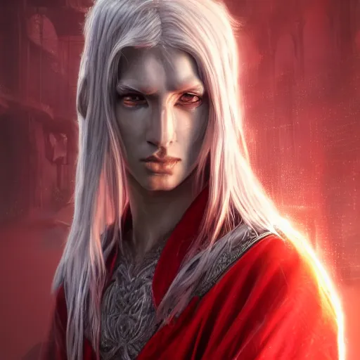 Image similar to design ancient hybrid majestic elf wizard red and silver robe full portrait three sides concept art, intricate artwork masterpiece, very coherent artwork, cinematic, very coherent artwork, trending on cg society, ultra high quality model, production quality cinema model, high detail , octane render, hyper realism, high detail, octane render, High contrast, highly detailed