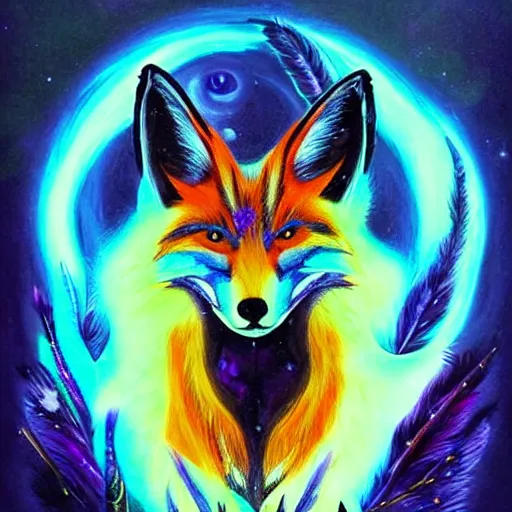 Prompt: a stylized realistic blacklight painting of an avatar of an awesome powerful cosmic horror foxfolk mage with a fox skull for a face with hummingbird feathers for fur themed around death and astronomy, in the style of dnd beyond avatar portraits, beautiful, artistic, elegant, lens flare, magical, lens flare, nature, realism, stylized, art by jeff easley