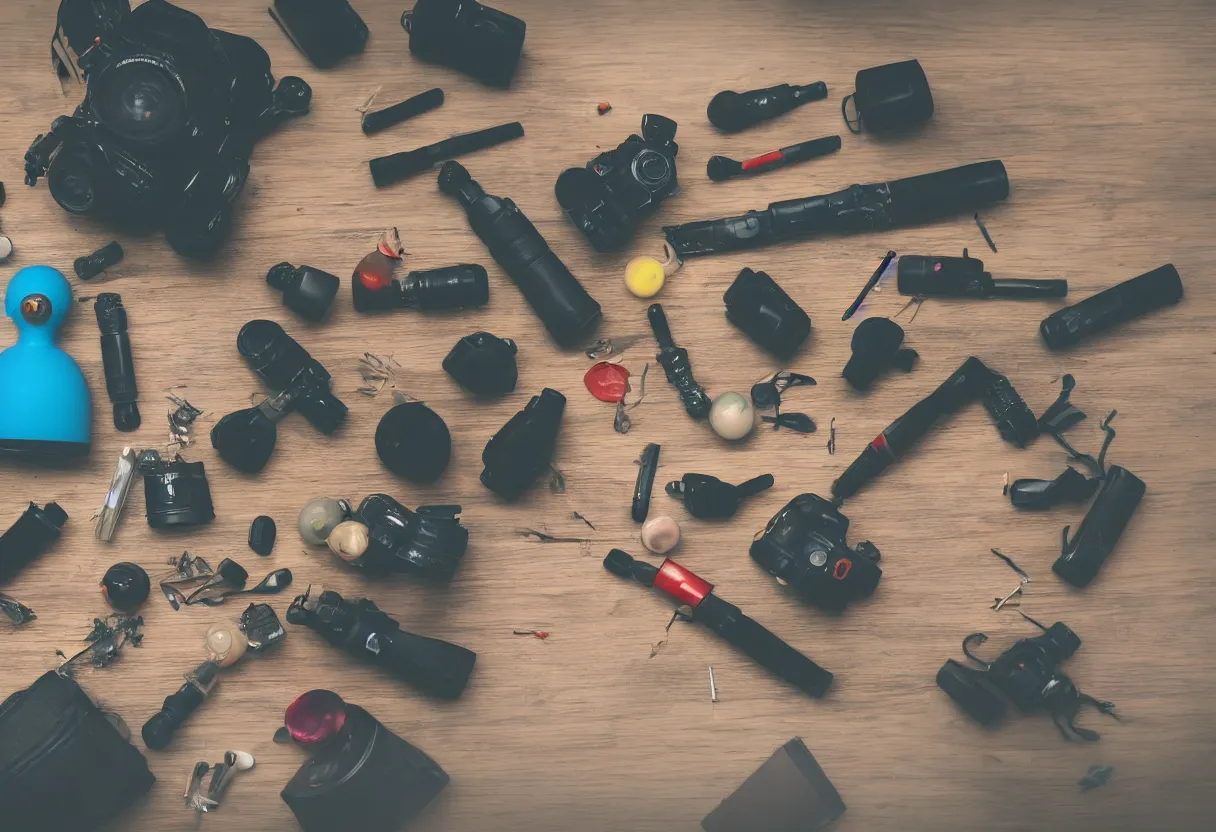 Image similar to wide dslr photo still of an occult toy on a table cluttered with drug paraphernalia