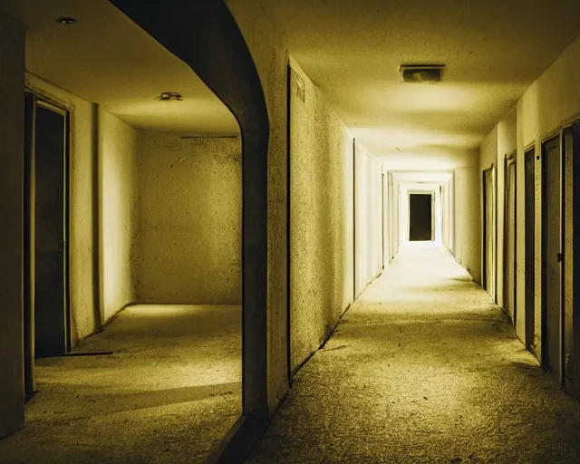 Image similar to an empty partially dark liminal space hallway that looks like the backrooms, photograph, horror, yellow lighting