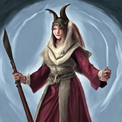 Prompt: portrait of a female cleric for a fantasy videogame, horns growing out of head, dark robes