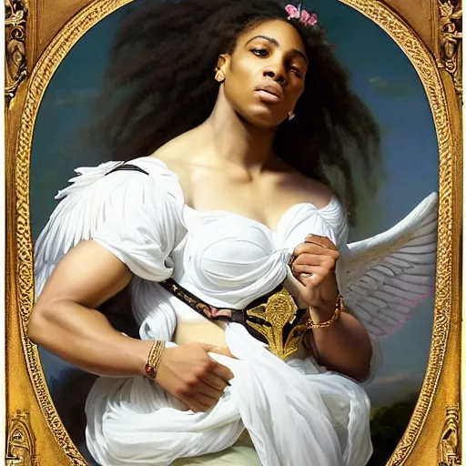 Image similar to Portrait of Serena Williams as Nike Goddess, large wings, luxuriant, dreamy, eternity, romantic, strong pose, highly detailed, in the style of Franz Xaver Winterhalter, highly detailed, in the style of Aetherpunk