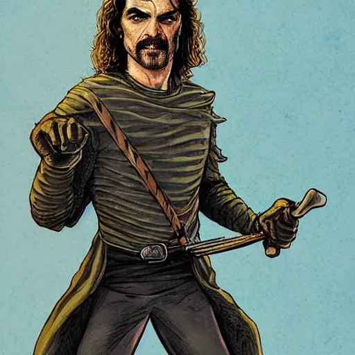 Prompt: precisely drawn illustration of Inigo Montoya blended with Draco Malfoy, wide angle, sharp, fine details, French comic style, vibrant realistic colors, full color, heroic fantasy, intense line art, 8k, precise linework, realistic, in the style of Heavy Metal Comics and Richard Corben and Moebius