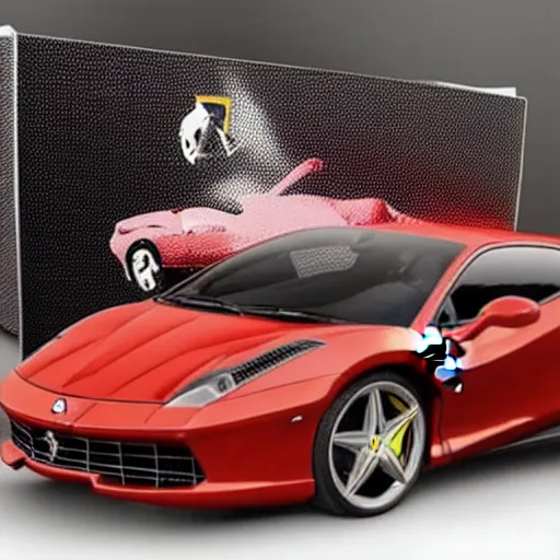 Image similar to realistic photographie lamborgini luxury mix with ferrari inside a pop collector box