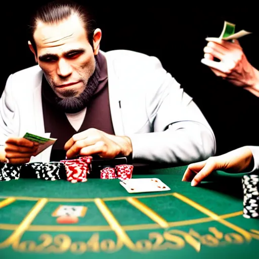Prompt: a gorilla mobster playing poker at a casino table with other gorilla mobsters
