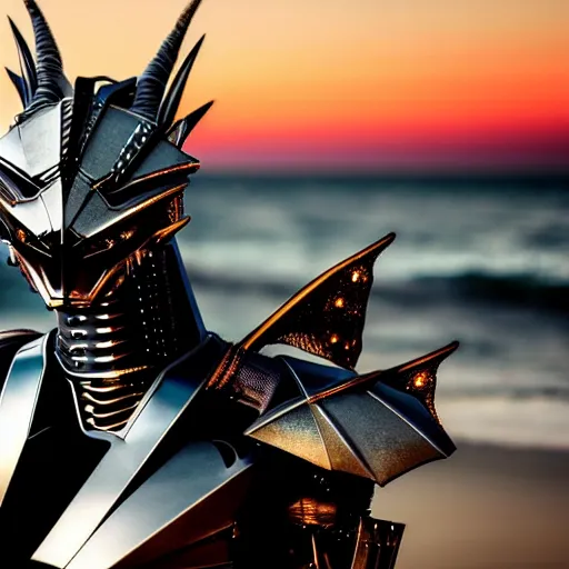 Image similar to close up bust shot, realistic detailed stunning beautiful armored anthropomorphic humanoid robot female dragon, doing an elegant pose, looking to the side, sleek streamlined armor and design made of steel, sharp claws and sharp teeth, Slick LEDs, standing on two legs, on the beach during sunset, high quality, cinematic art, sunset lighting, artstation, deviantart, furaffinity