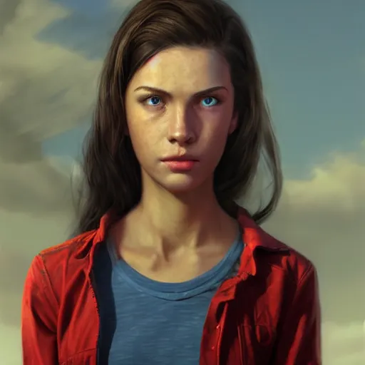 Image similar to portrait of a brunette thin teenager girl with blue eyes in fallout 4, light stubble with red shirt, inside modern school ,digital art,photorealistoc,art by greg rutkowski,hyperdetailed,western comic style,comic,comic style,sharp lineart,professional lighting,deviantart,artstation,trevor henderson,rossdtaws,cinematic,dramatic