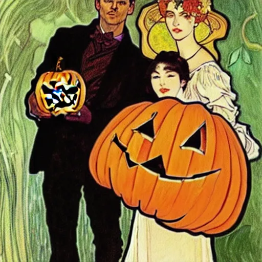 Image similar to painting of handsome young beautiful jeff and gorgeous rina together at the jack o'lantern halloween party, elegant, clear, painting, stylized, art, art by alphonse mucha, vincent van gogh, egon schiele,