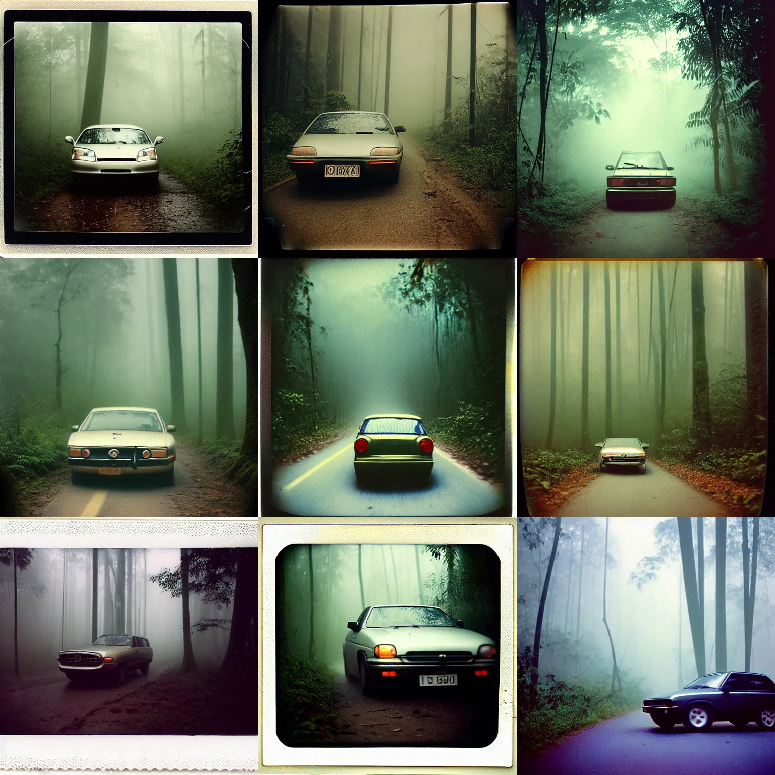 Prompt: car as robot, fog, in deep jungle forest jungle, overcast! cinematic focus, old damagaed polaroid photo, vintage, neutral colors, faded!! very soft lights, big overcast, very foggy, full shot by steve hanks, by serov valentin, by lisa yuskavage, by andrei tarkovsky