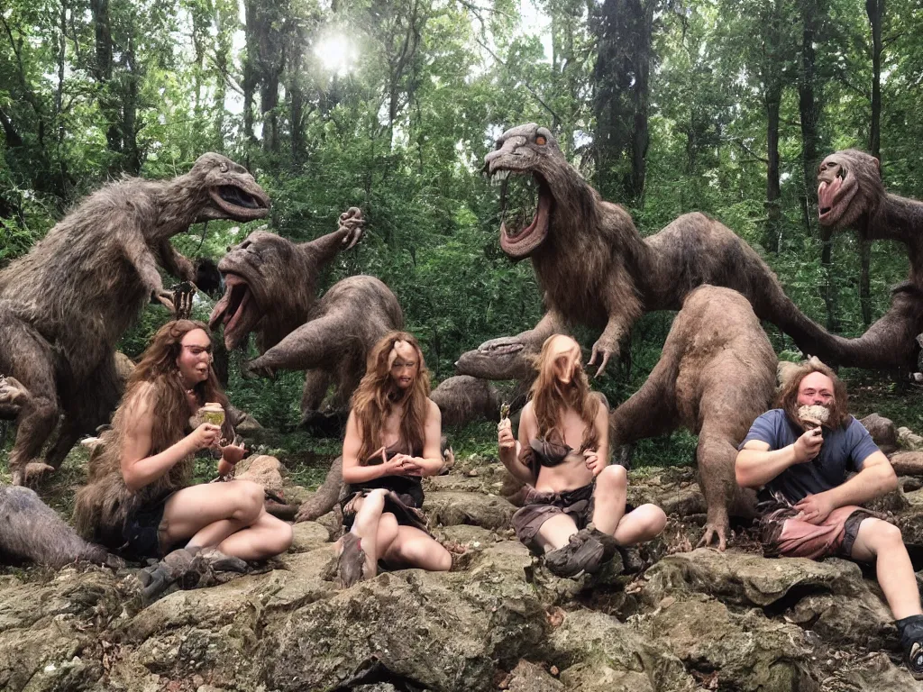 Image similar to photo, three hairy fat neanderthal people, emma!! watson!!, eating outside, surrounded by dinosaurs!, gigantic forest trees, sitting on rocks, bright moon, birthday cake on the ground, front view