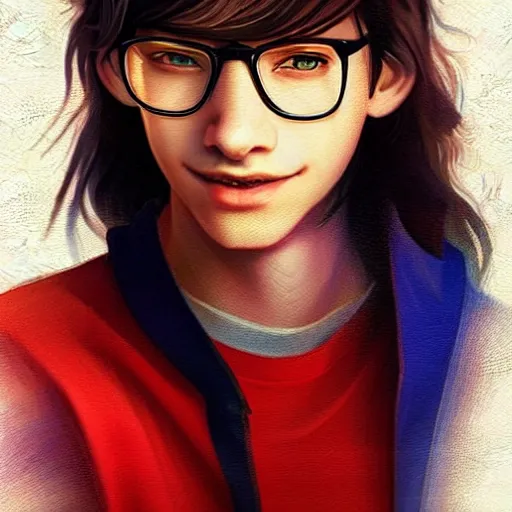 Prompt: colorful and festive captivating teenager boy with straight long black hair, wearing round glasses and a white t - shirt. innocent smile. rich vivid colors, ambient lighting, dynamic lighting, 4 k, atmospheric lighting, painted, intricate, highly detailed by charlie bowater