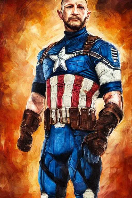 Prompt: a full body high detail fantasy portrait oil painting illustration of Tom Hardy as Captain America by Justin Sweet with face and body clearly visible, in a scenic background, pupils visible, realistic proportions, artstation trending, high quality, sombre mood, artstation trending, muted colours, no crop, entire person visible!, natural light, dusty, Adobe Photoshop, Adobe Lightroom, photolab, Affinity Photo,