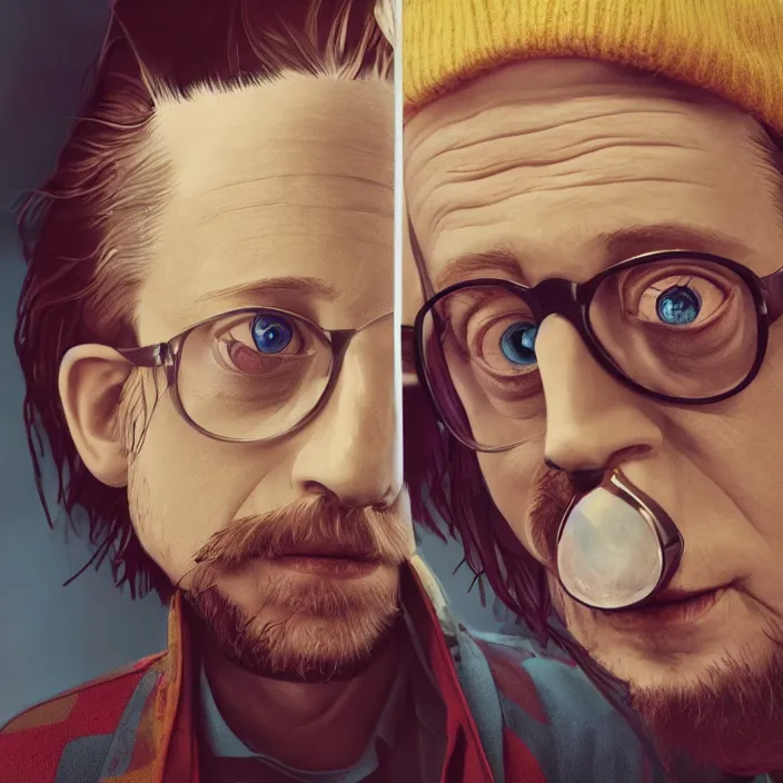 Image similar to portrait of macaulay culkin, getting schwifty. intricate artwork. octane render, trending on artstation, very coherent symmetrical artwork. Rick & morty. cinematic, high detail, octane render, 8k, iridescent accents