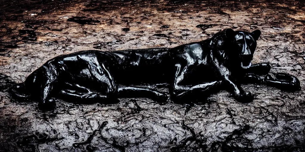 Prompt: the black lioness made of tar, laying on their back, dripping tar, drooling goo, covered in slime, sticky black goo, bathing in the pit filled with tar, dripping goo, sticky black goo. photography, dslr, reflections, black goo, rim lighting, cinematic light, tar pit, chromatic, saturated, slime