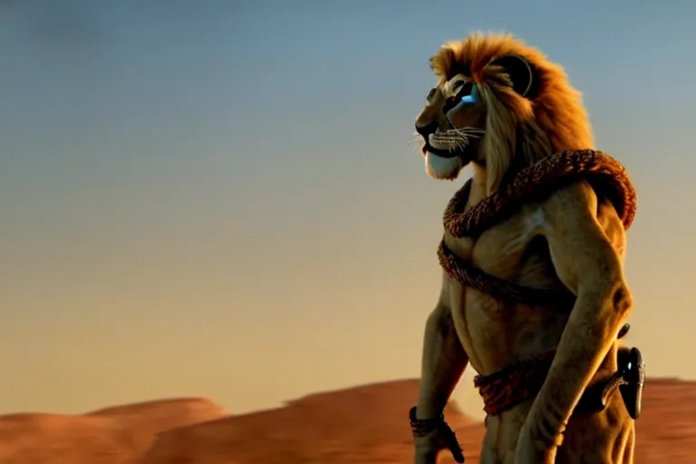 Image similar to simba ( from the lion king ), heavily armed and armored facing down armageddon in a dark and gritty reboot from the makers of mad max : fury road : witness me