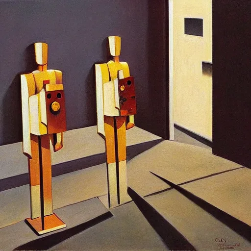 Image similar to three brutalist feline robots portrait, grant wood, pj crook, edward hopper, syd mead, oil on canvas