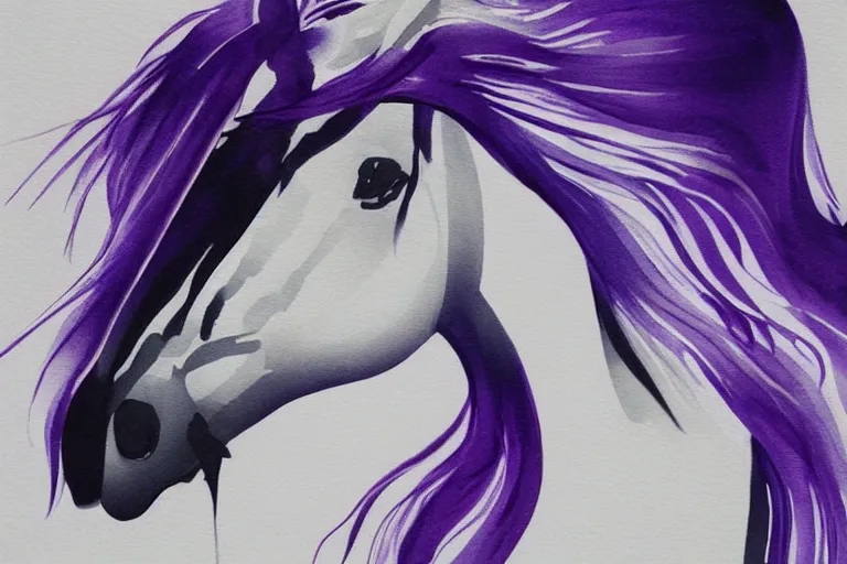 Image similar to beautiful serene horse, healing through motion, minimalistic purpble ink aribrush painting on white background