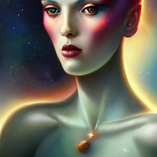 Image similar to a beautiful portrait of a cosmic goddess by Jim Burns and Tom Bagshaw, Trending on Artstation, nebula background