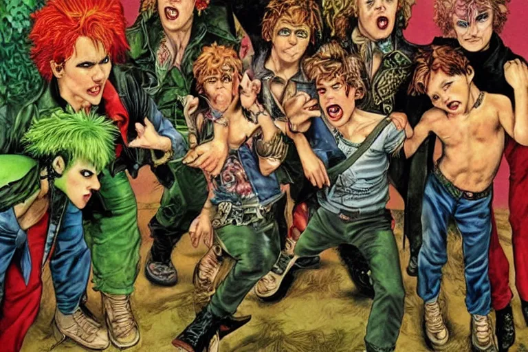 Image similar to 1 9 8 0's punk rock lost boys of neverland fighting an adult peter pan who abandoned them. london. art by glenn fabry. hyper realistic. london.