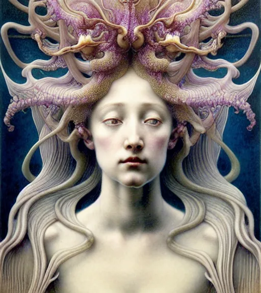Image similar to beautiful young orchid fairy detailed realistic porcelain face portrait by jean delville, gustave dore, iris van herpen and marco mazzoni, art forms of nature by ernst haeckel, art nouveau, symbolist, visionary, gothic, neo - gothic, pre - raphaelite, fractal lace, intricate alien botanical biodiversity, surreality, hyperdetailed ultrasharp octane render