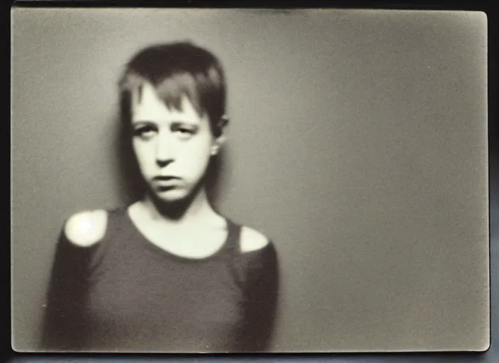 Prompt: dusty polaroid of young kathy acker