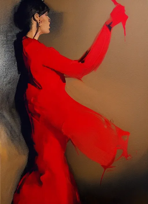 Image similar to fashion model in red dress, painting by phil hale, fransico goya,'action lines '!!!, graphic style, visible brushstrokes, motion blur, blurry, visible paint texture, crisp hd image