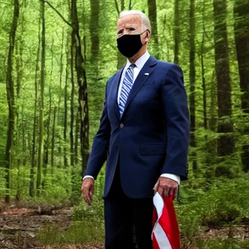 Prompt: an image of joe biden standing in a forest looking confused. an american flag stuck in the ground in the back.