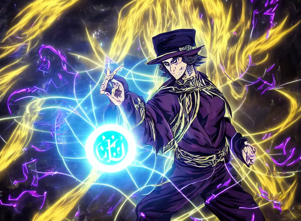 Prompt: The powerful rune magic wizard prepared his next attack with ominous aura, in the style of JoJos Bizarre Adventure, ultra high resolution, intricate details