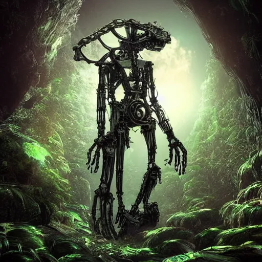 Prompt: gorgeous mechanical steampunk creature with humanlike form and two eyes looking eerily into a cave entrance with lush vegetation and mystical (((glowing algae))) in the sunset, desaturated, creepy ambiance, dangerous, sharp focus, highly detailed, artgerm