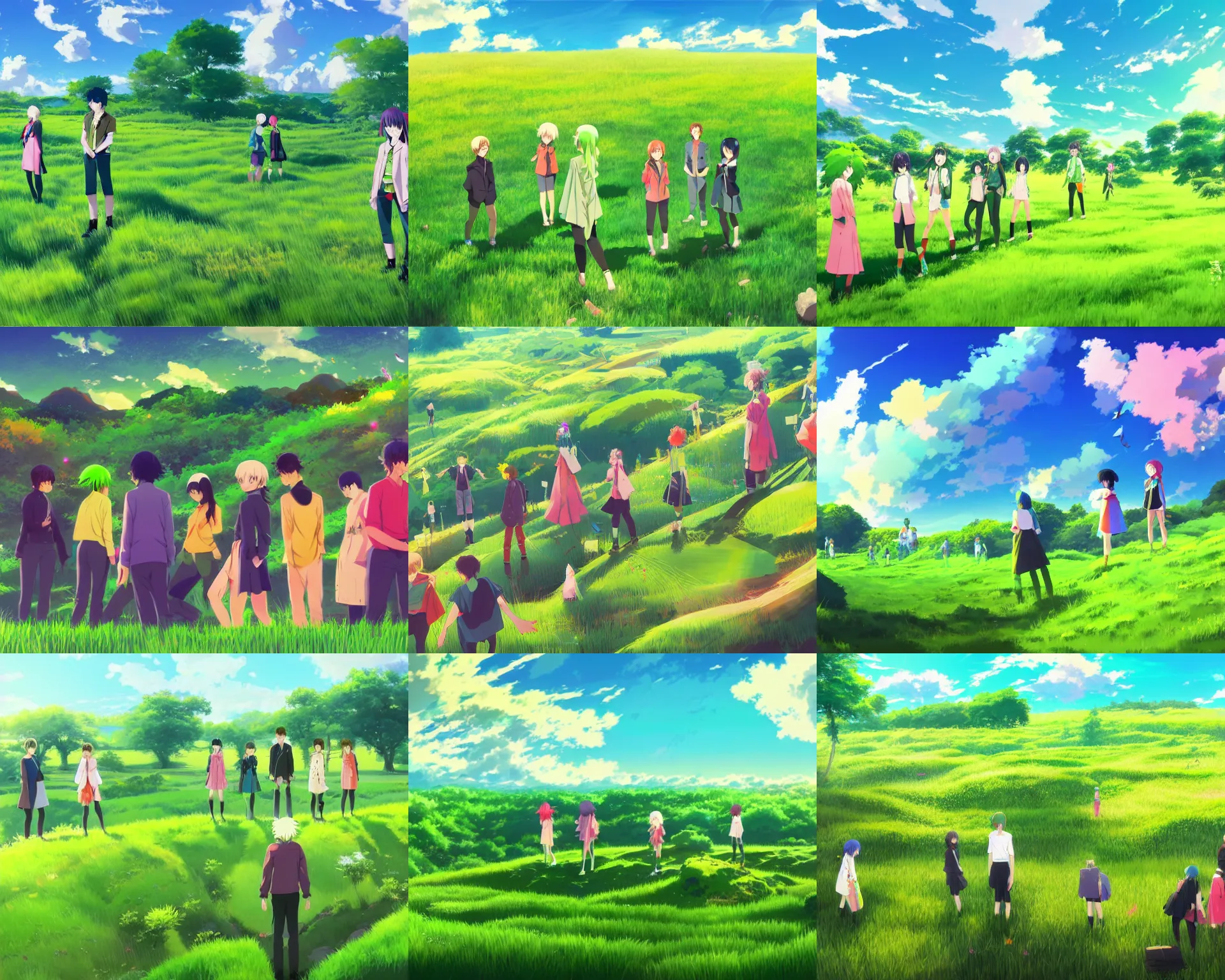 Prompt: a group of people standing on top of a lush green field, concept art by okuda genso, pixiv contest winner, color field, anime aesthetic, official art, vivid colors