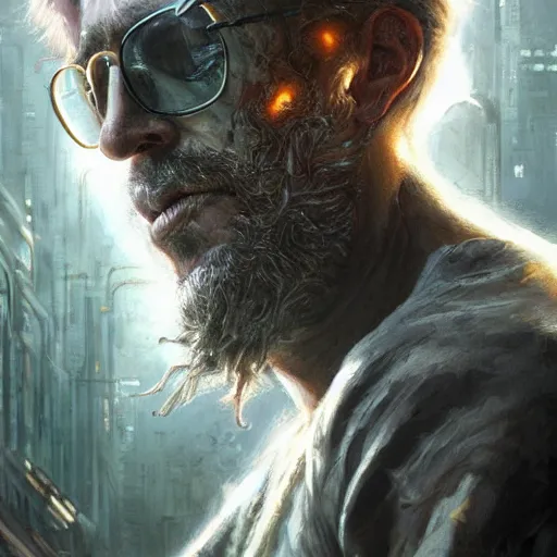 Image similar to henry dorsett case, middleaged shaggy cyborg, heavily augmented, smoker, hacker, cyberpunk, painted by seb mckinnon, high detail, dramatic light, digital art, painted by greg rutkowski, promotional movie posterart, trending on artstation