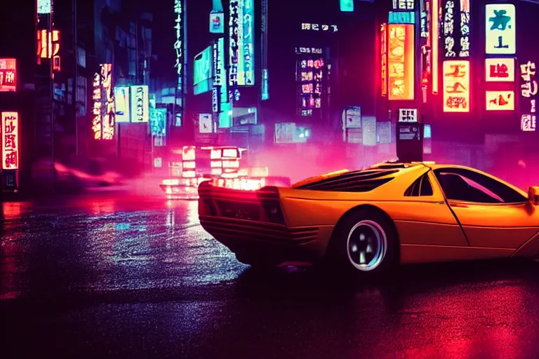 Image similar to a 1 9 7 8 mclaren f 1, speeding down tokyo highway in the rain, night time, neon lights, thunderstorm, movie still from the movie bladerunner 2 0 4 9