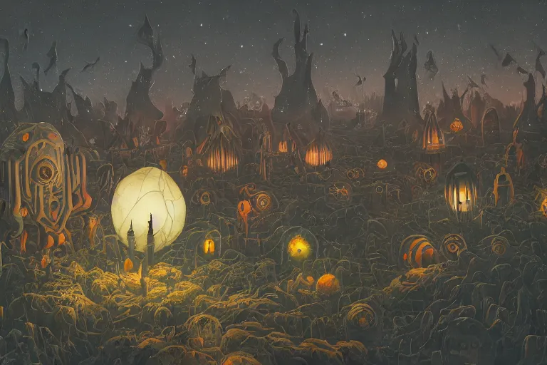 Image similar to a strange, foreboding dreamscape | | strange beings | | strange dwellings | | ortherworldly land formations | | lanterns | | organic painting by jakub gazmercik, max masnyy, jakub gazmercik, beeple, patrick faulwetter, heavenlydaemonic, and mc escher, surrealism, trending on artstation