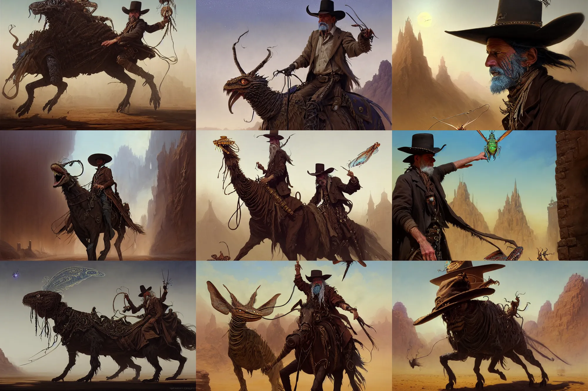 Prompt: A very highly detailed wild west magical sorcerer wizard with a very highly detailed face with spellbooks and potions riding on a very higly detailed large grasshopper on the street of a wild west town digital rational painting art by Greg Rutkowski, magic fantasy highly detailed, digital concept art, sharp focus, realistic concept art by Stephen Hickman and James Gurney and Hiromasa Ogura Ghost in the Shell rendered in Octane Render, From the distance