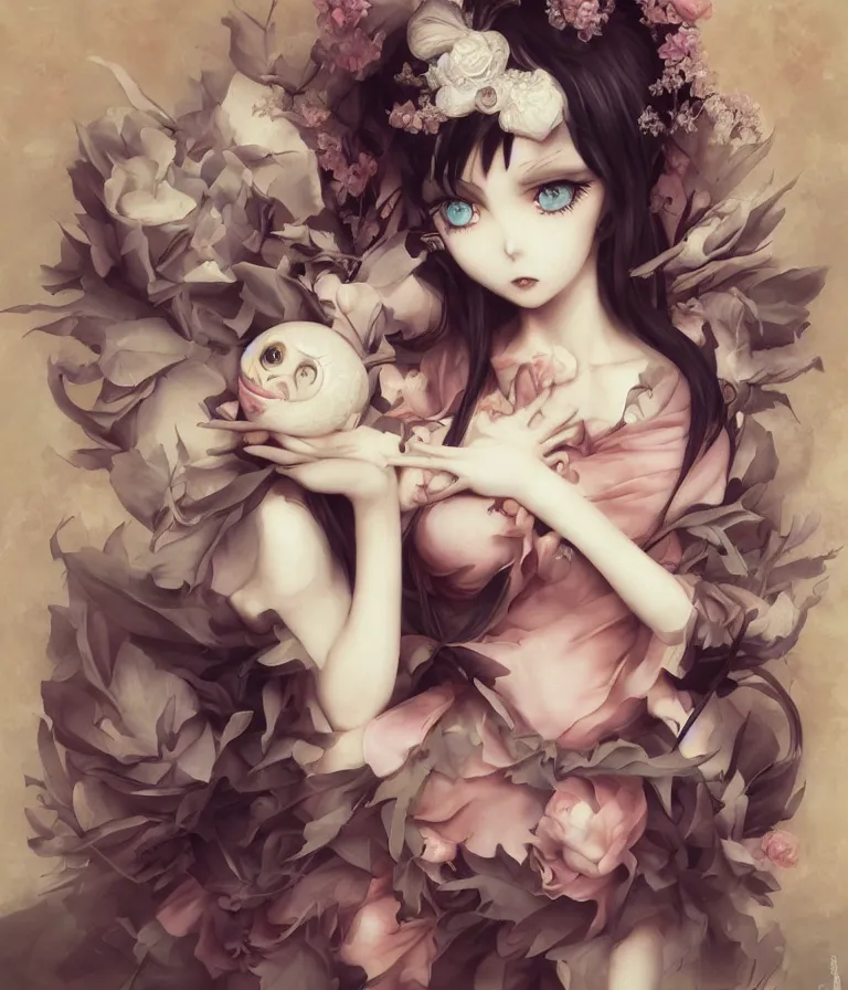 Prompt: anime 3 d art, wlop art, realistic marie antoinette girl painting, japanese street fashion, hyper realism, muted colours, rococo, natalie shau, anime, tom bagshaw, mark ryden, trevor brown style