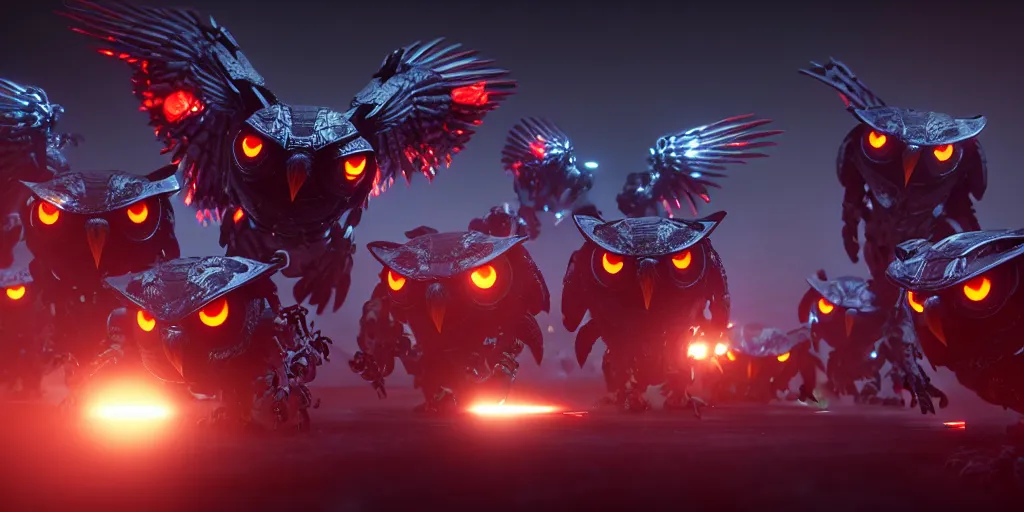 Image similar to an army of evil, malevolent, giant cyborg owls surrounded by computers and computer screens. this 4 k hd image is trending on artstation, featured on behance, well - rendered, extra crisp, features intricate detail and the style of unreal engine. volumetric lighting octane render