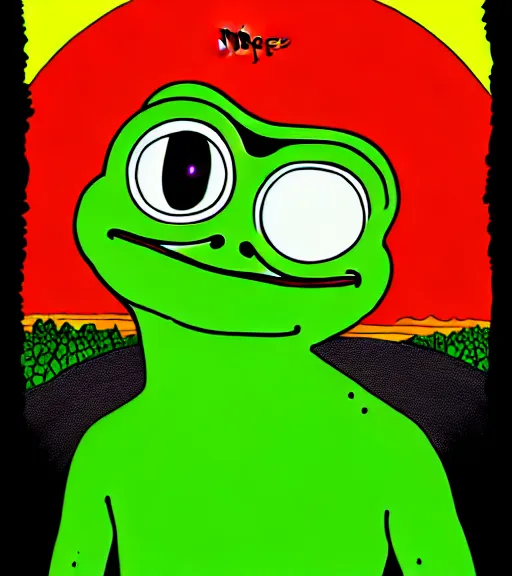 Image similar to portrait of pepe the frog in summer dawn, in comic style by matt furie, positive atmosphere, cool vibes, bao phan, deep depth field, masterpiece, cinematic composition, hyper - detailed, hd, hdr