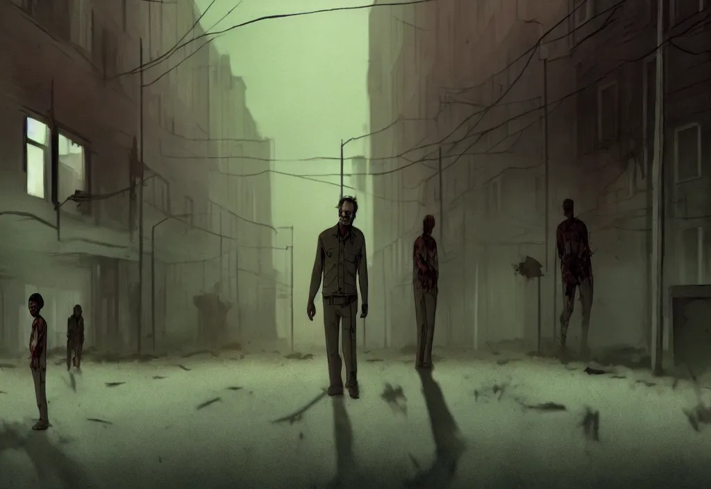 Prompt: cinematic movie still from an animated walking dead movie artwork by tim eitel, bill murray is a zombie in the scene, muted colours, cinematic lighting, abandoned buildings,