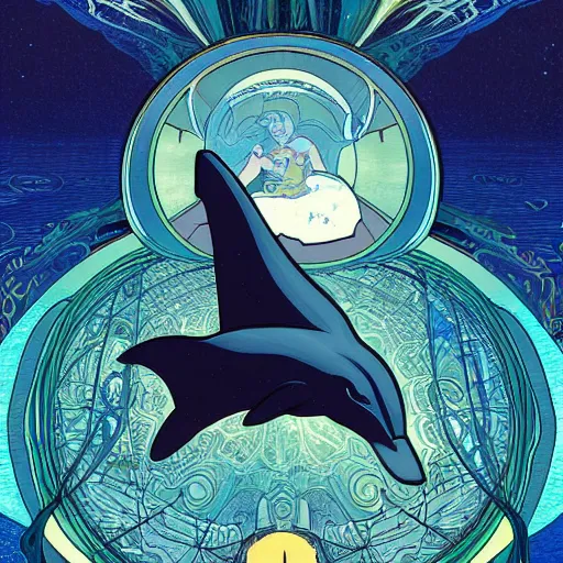 Image similar to a dolphin leaps out of the ocean, astral projection, astral travel, space background, cinematic, detailed, very realistic, by Alphonse Mucha, Moebius, Laurie Greasley, 8k