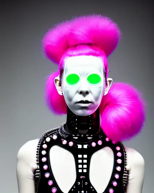 Image similar to symmetrical portrait of a biomechanical cyborg wearing a silicone swarovski studded iridescent beauty mask and neon pink hair buns, wearing a black bodysuit by alexander mcqueen, cream white background, soft diffused light, biotechnology, humanoid robot, bjork aesthetic, translucent, by rineke dijkstra, intricate details, highly detailed, masterpiece,