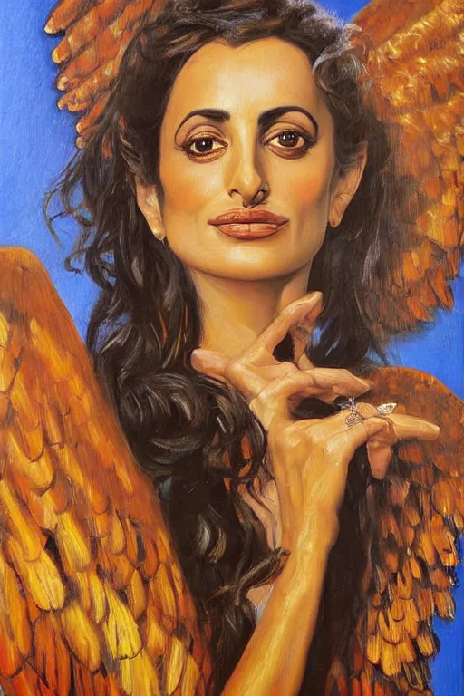 Image similar to oil painting, portrait of penelope cruz with wings, artwork by salvador dali