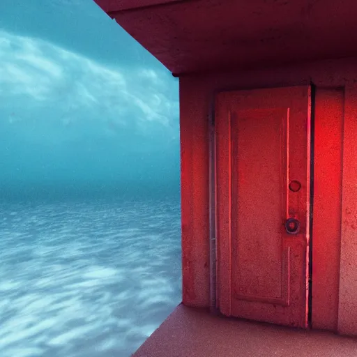 Prompt: a red door at the bottom of the ocean, ominous, deep, ethereal, dark, bubbles, marine life, details visible, octane render, in studio Ghibli style