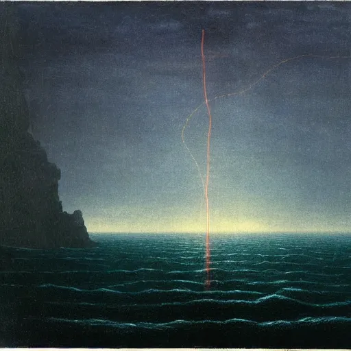 Image similar to small male with long curly hair figure in epic foggy deep sea, expansive view, dozens of thin glowing straight lines extend from ground into the sky, by Caspar David friedrich