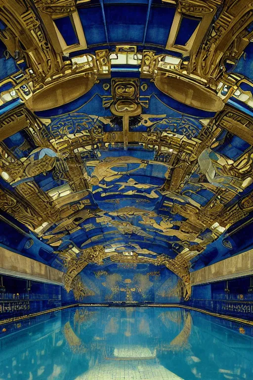 Image similar to renaissance painting of the interior of a science fiction art deco palace indoor pool on Cybertron. dark-blue, light-blue, dark-green, gold, silver, black. kintsugi, fractal, moody, intricate detail, hyperrealism, cinematic, volumetric dust lighting, epic. by Roger Deakins, Moebius, Alphonse Mucha, Wiktor Ohman