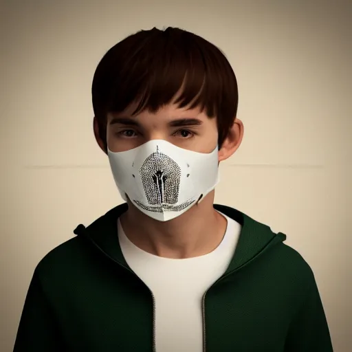 Image similar to 3d render of a teenage boy with a skull mask, white background, creepy