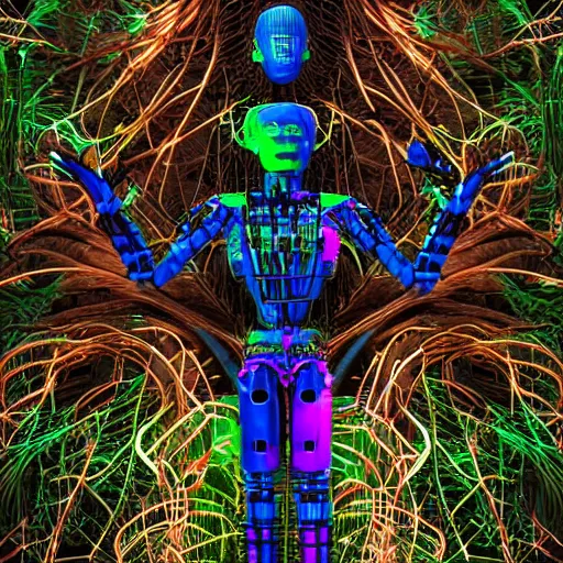 Prompt: post-human creature, part robot and part black human, linked to a tree by plant roots, exposed electric system and cables, in a tropical forest, colourful, afro futurism, very detailed, mixing 3D render and expressionist painting