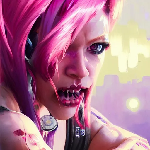 Image similar to cyborg girl with fangs, purple and pink hair, realistic shaded lighting poster by ilya kuvshinov katsuhiro otomo, magali villeneuve, artgerm, jeremy lipkin and michael garmash and rob rey