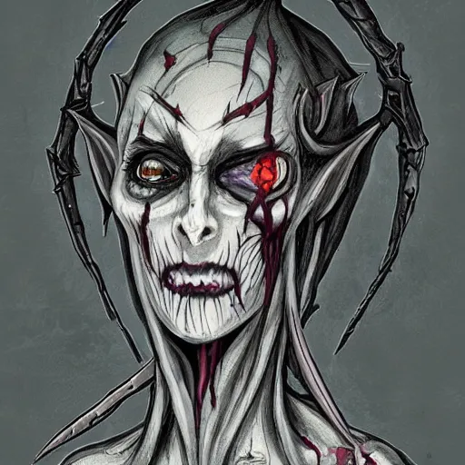 Image similar to portrait of undead female elf lich, grey rotting skin, scythe, sickle, ugly, scars, black ooze, ichor, evil, dungeons and dragons