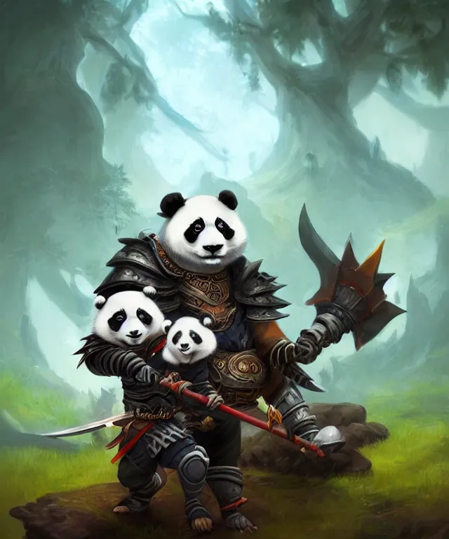 Image similar to a portrait an anthropomorphic panda samurai, wearing armor with spiked shoulders, small mouse companion, landscape in background, dnd character art portrait, world of warcraft style, by peter mohrbacher, cinematic lighting